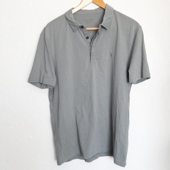 AllSaints Polo Cotton Slim Shirt Button Embroidered Large Gray Classic Staple - Picture 1 of 5